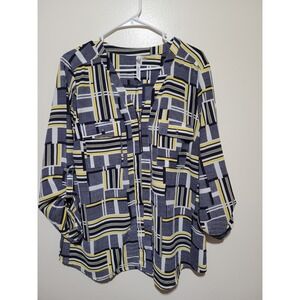 NY Collection Blouse Women‎ XL Navy Yellow Geometric Roll Tab Zip Top